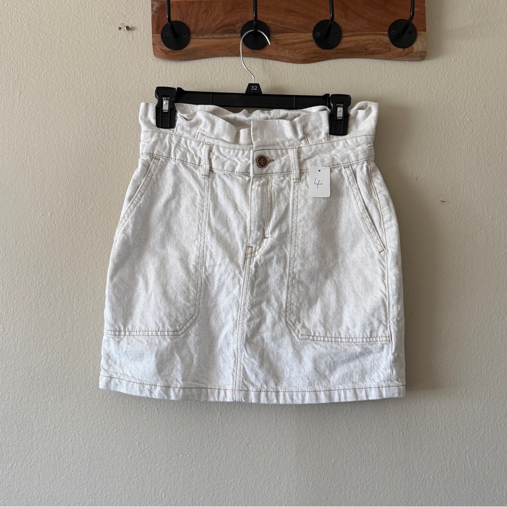 NWT Free People White Denim Cotton Linen Paperbag Waist Mini Skirt Size 4